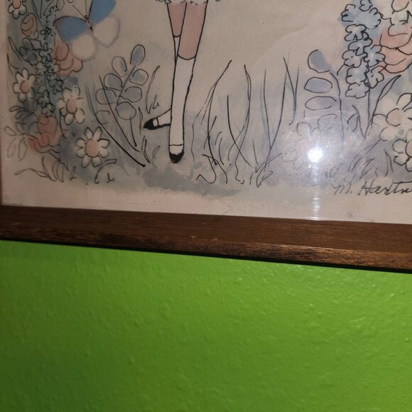 1971 M. Hartnett Framed Lithograph Art Print Girl In Dress With Flowers - Picture 11 of 11